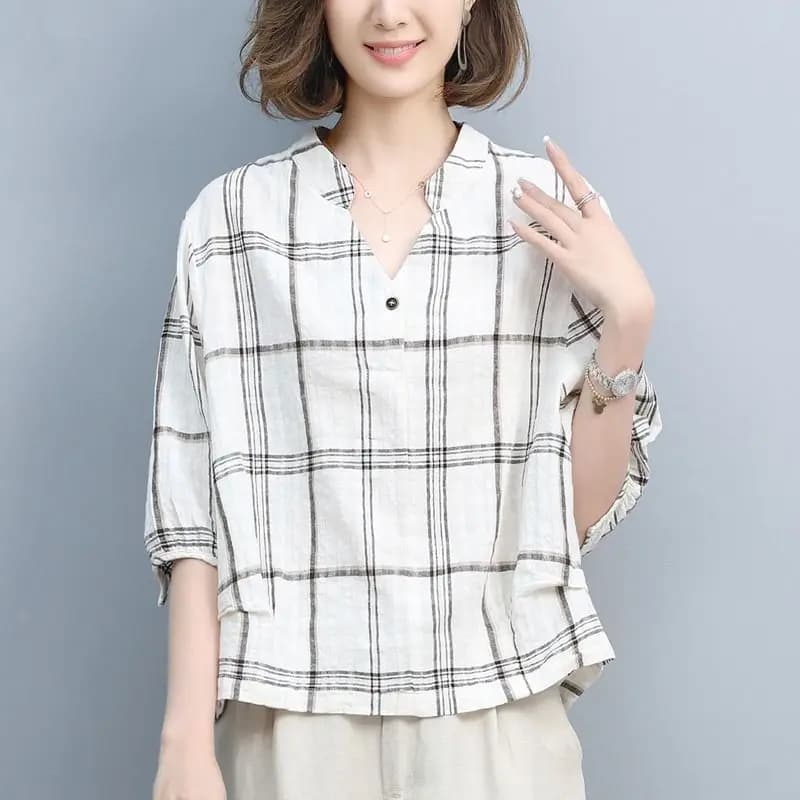 Chemisier décontracté à col en V et plis, motif écossais, pour femme, nouvelle collection été, coupe