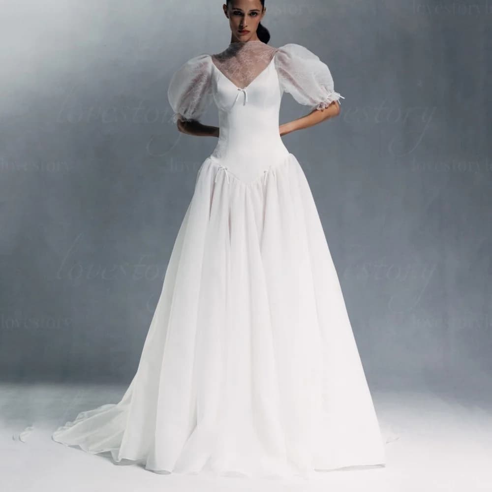 Robes de mariée personnalisées à col en V, coupe trapèze, en tulle, avec manches bouffantes, robes d