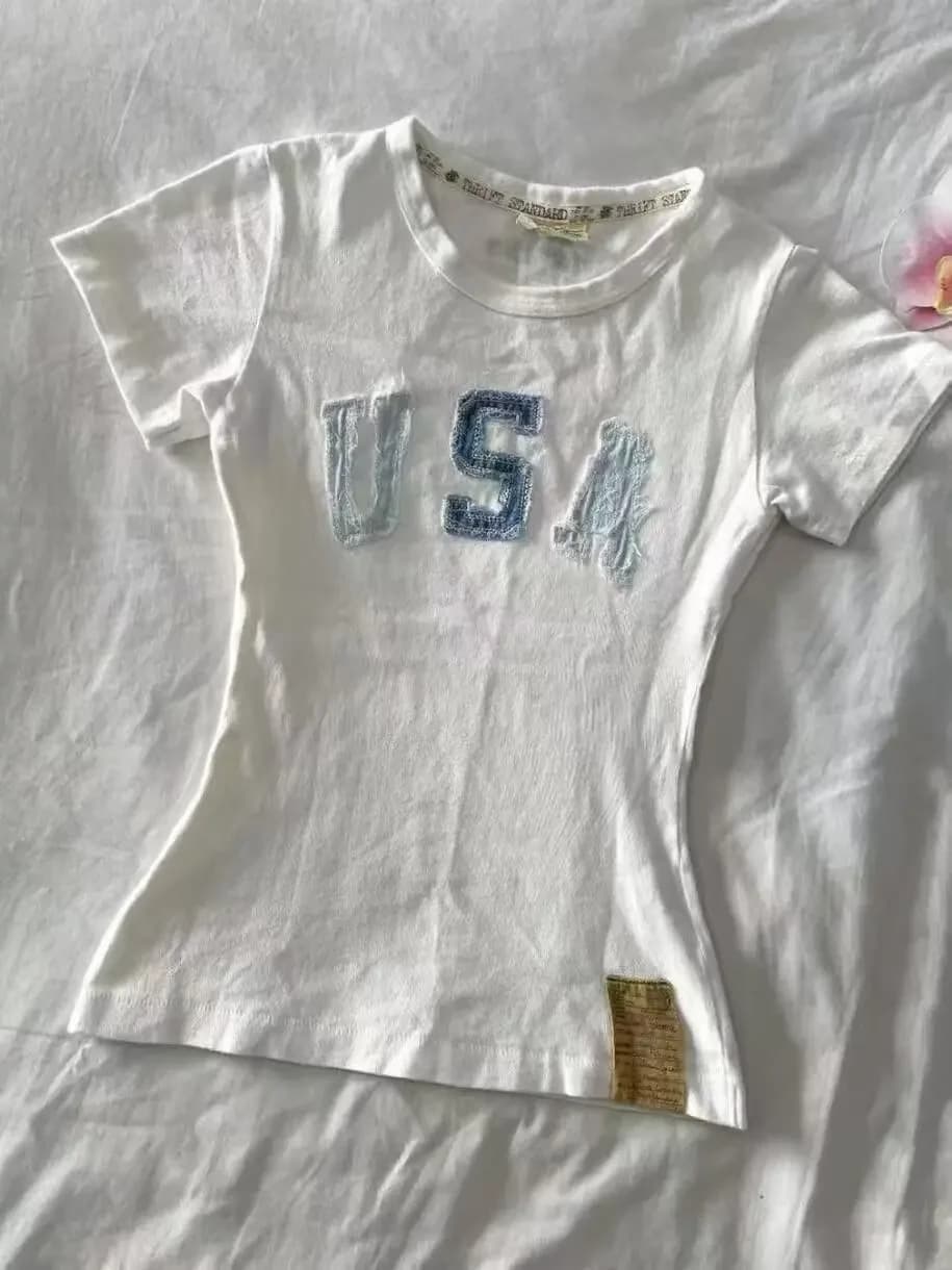 Américain rétro vintage lettre polo patchwork à manches courtes polo femmes haut d'été tendance chem