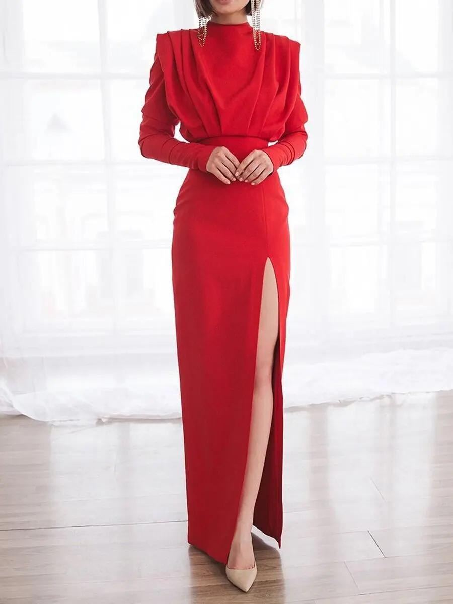 Robe longue fendue à col haut, à la mode, Style élégant, en Fiber de Polyester, manches longues, rob