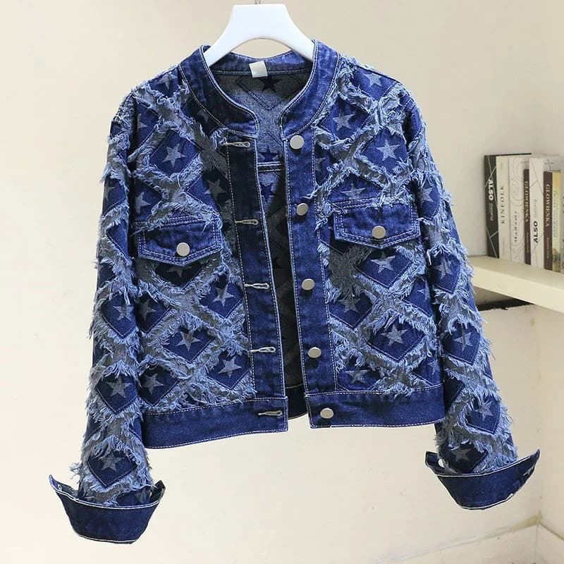 Blouson en jean pour femme, col rond, style robuste, nouvelle collection automne 2026, coupe ample e