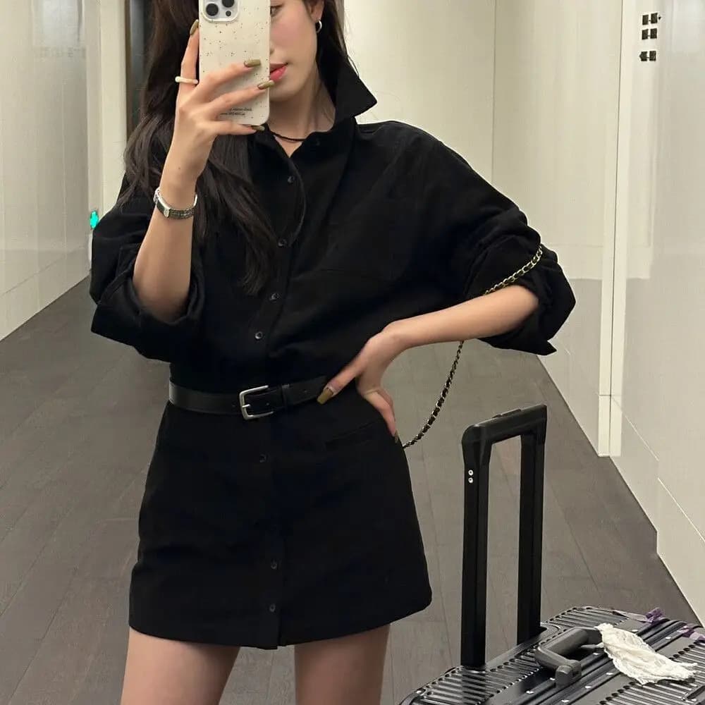 Vêtements de travail rétro col Polo robe chemise à manches longues marron jupe décontractée mince