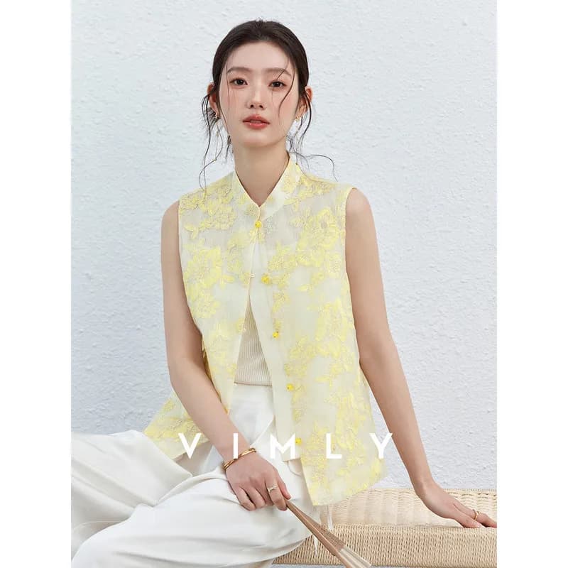 Gilet Femme VIMLY Été 2026 Décontracté Jaune Broderie Florale Col Montant Nouveau Style Chinois Vest