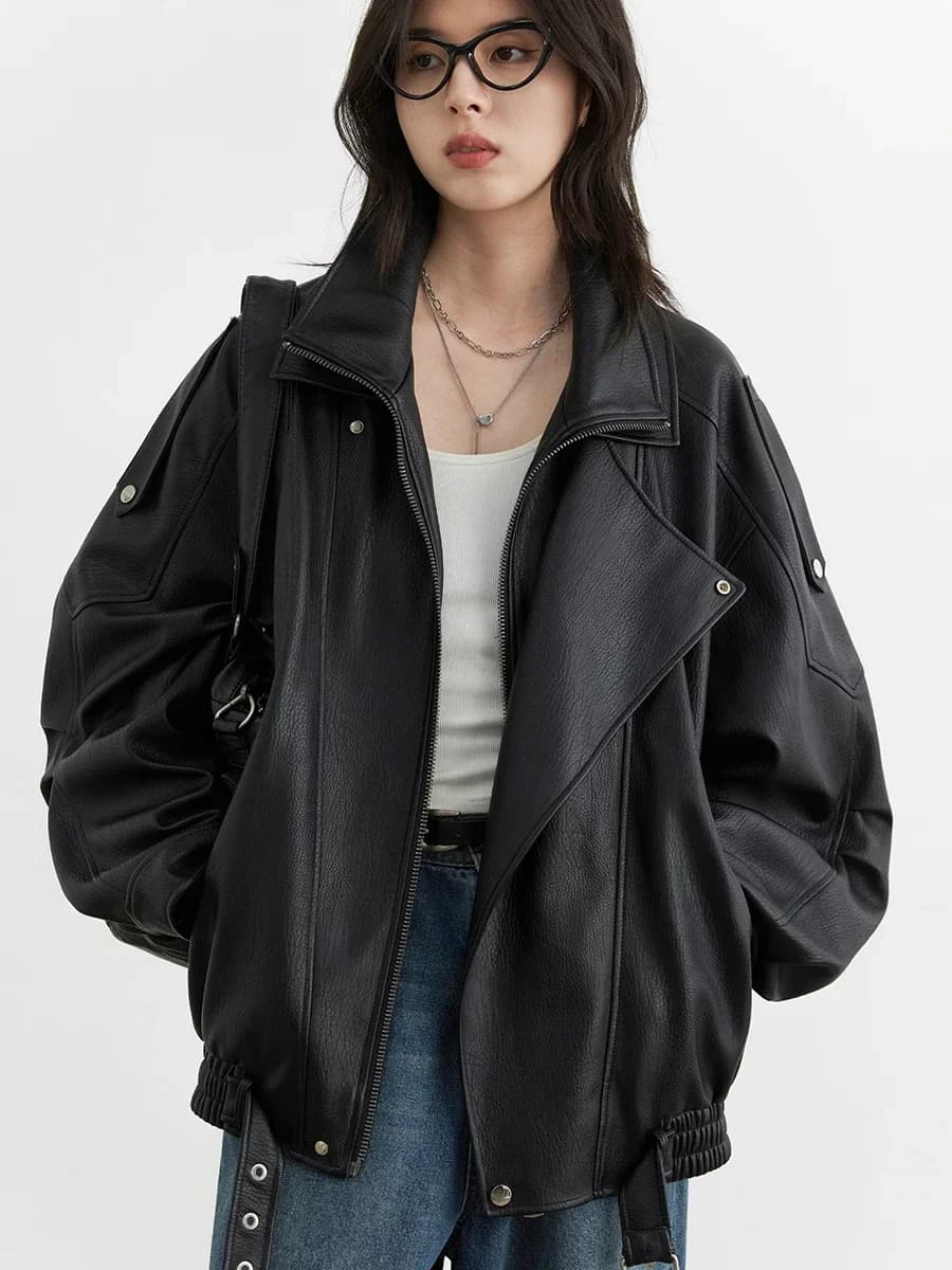 CHIC VEN Veste Femme en Similicuir PU, Coupe Ample, Nouveau Style Rétro, Col Montant, Manteau Moto e