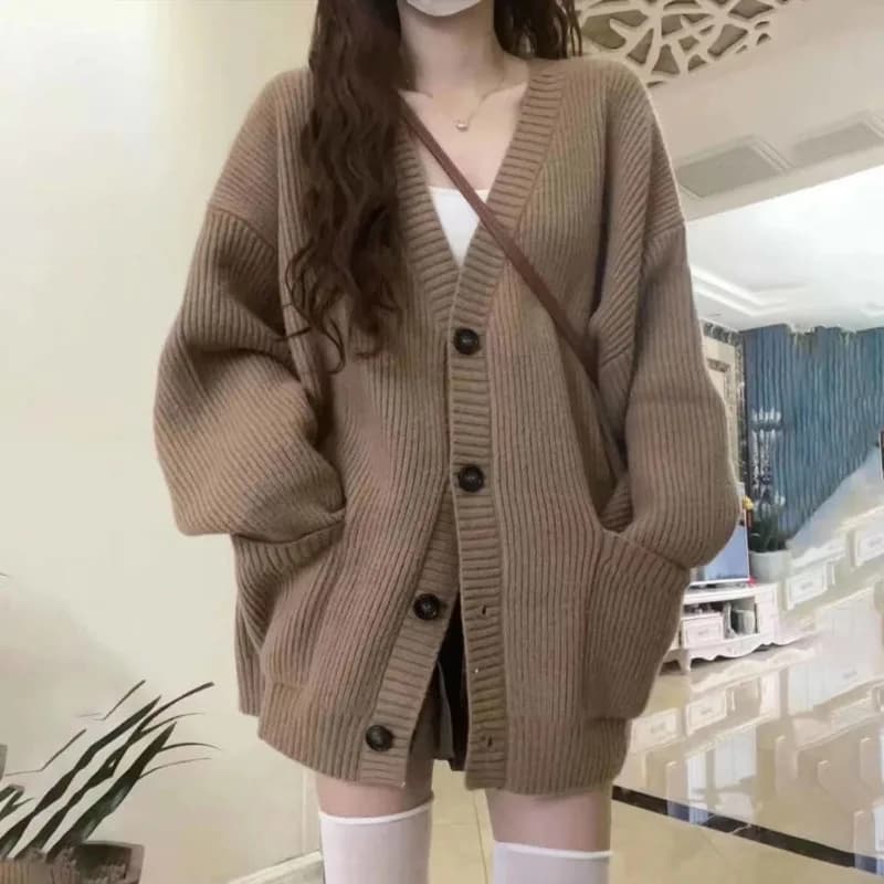 Automne hiver femmes Cardigan pull manteaux mode femme à manches longues col en v lâche tricoté vest