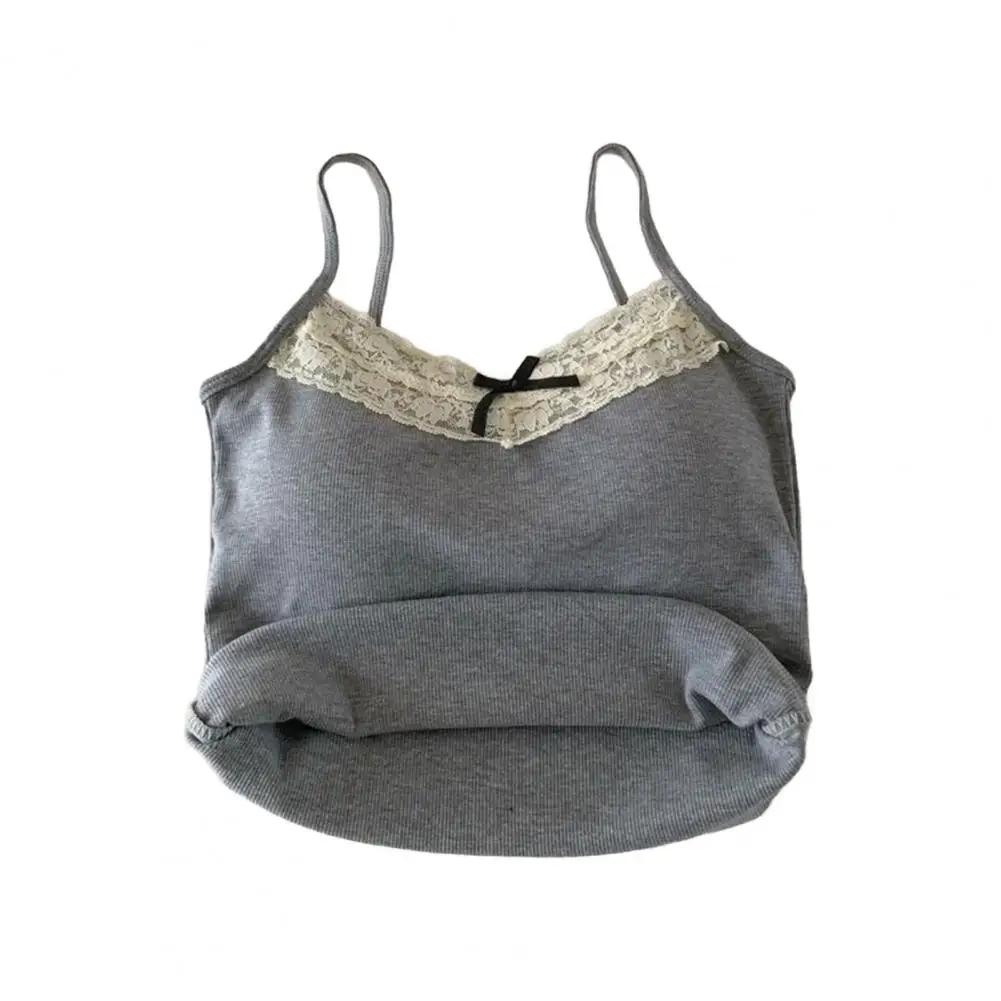 Débardeur sans manches pour femme, haut de base à fines bretelles avec dentelle, couleur unie, en ti