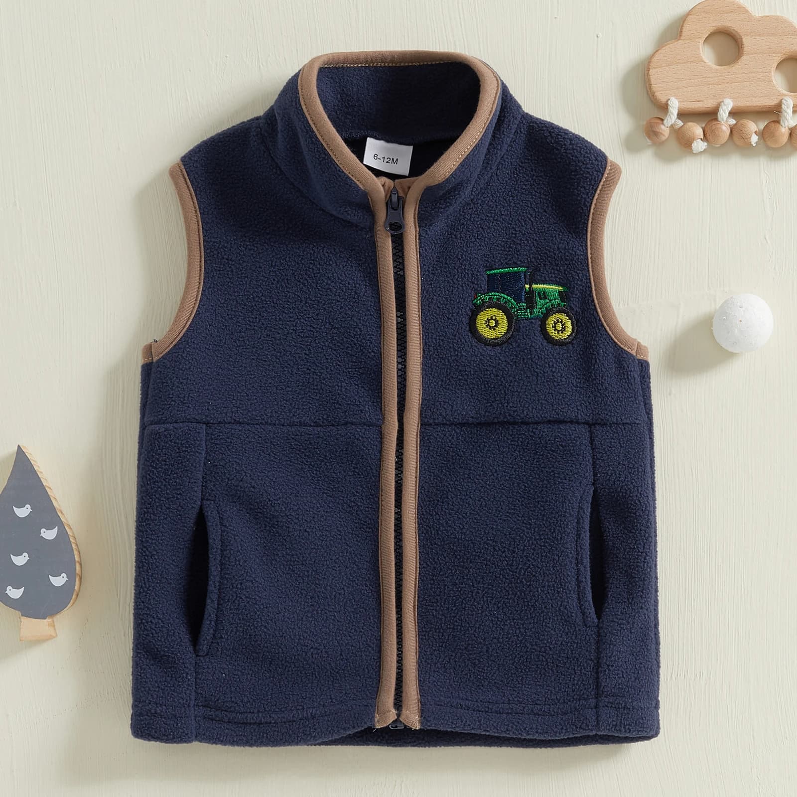 Gilet polaire pour garçons, veste décontractée sans manches, tracteur brodé, col montant, fermeture 