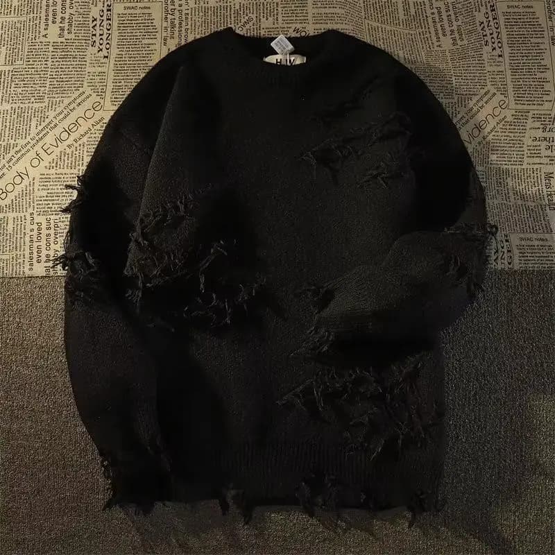 Nouveau pull homme 2026 style jeune et tendance, rétro à trous et franges, à manches longues, ample 