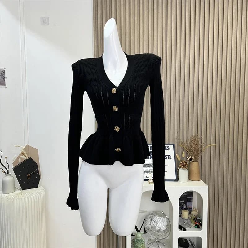 Cardigan à manches longues pour femmes, pull à volants, manteau noir, tricots, design de document so