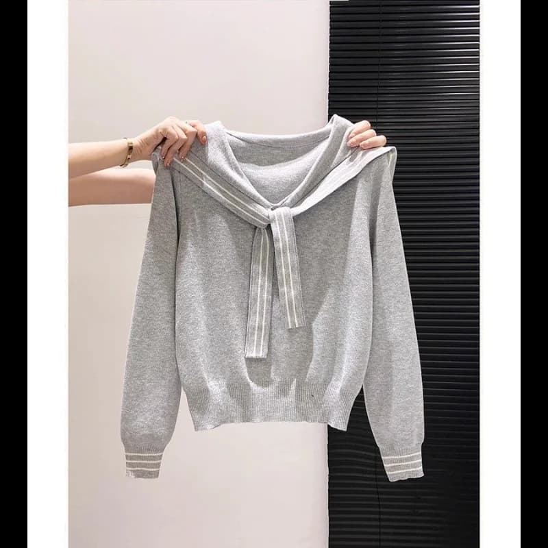 Pull tricoté épissé à col bleu marine pour femme, haut à manches longues, Design polyvalent, à la mo
