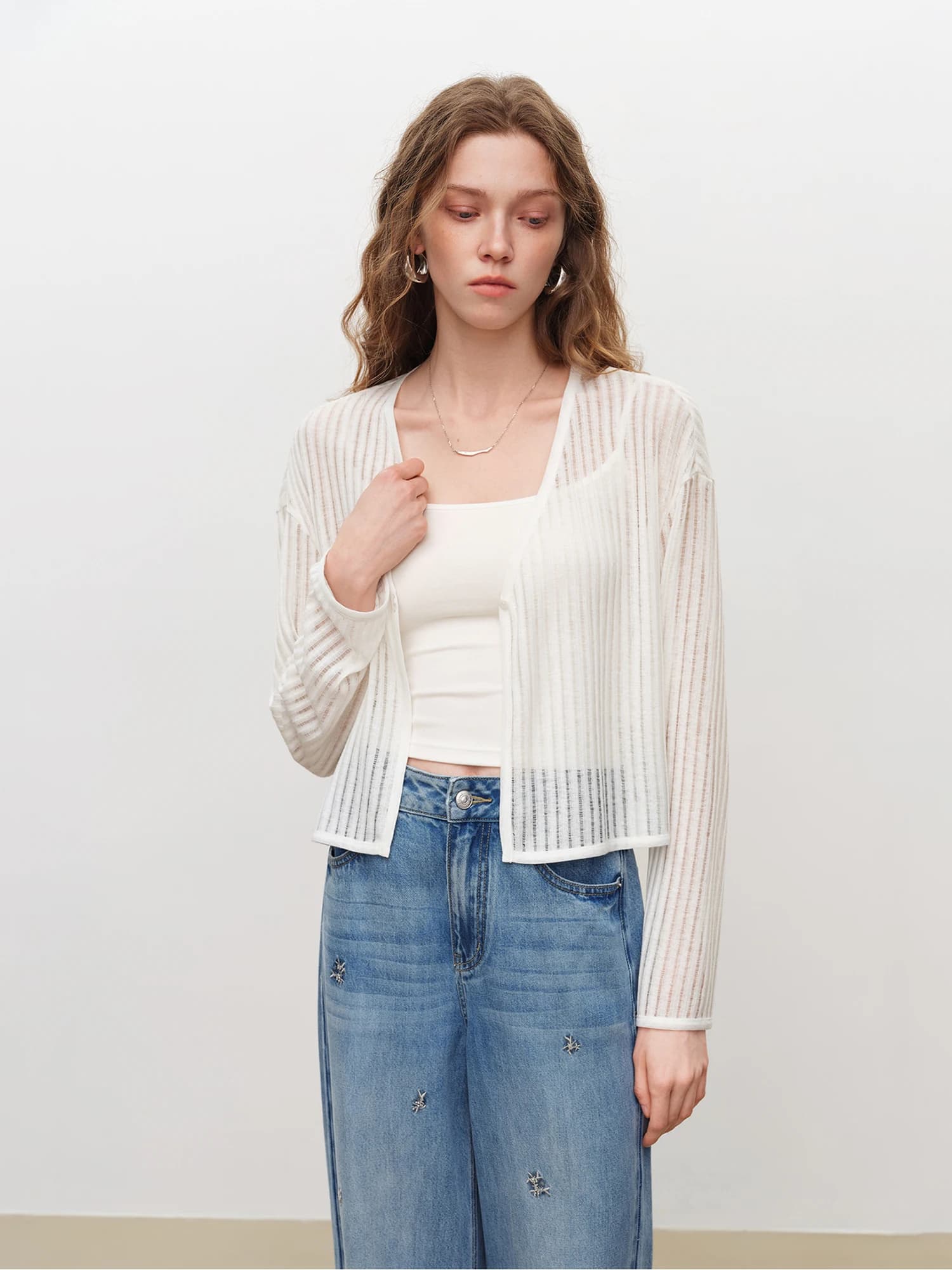 ZIQIAO 2026 – Cardigan court ajouré à col en V pour femme, en maille ajourée à manches longues, idéa