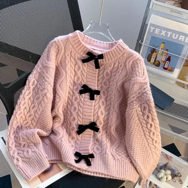 Pull en tricot doux à nœud pour femme, cardigan ample en maille torsadée de couleur unie, style prep