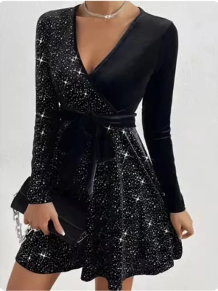 Robe de soirée élégante pour femmes, col en v, manches longues, paillettes, couleur unie, mode de ru