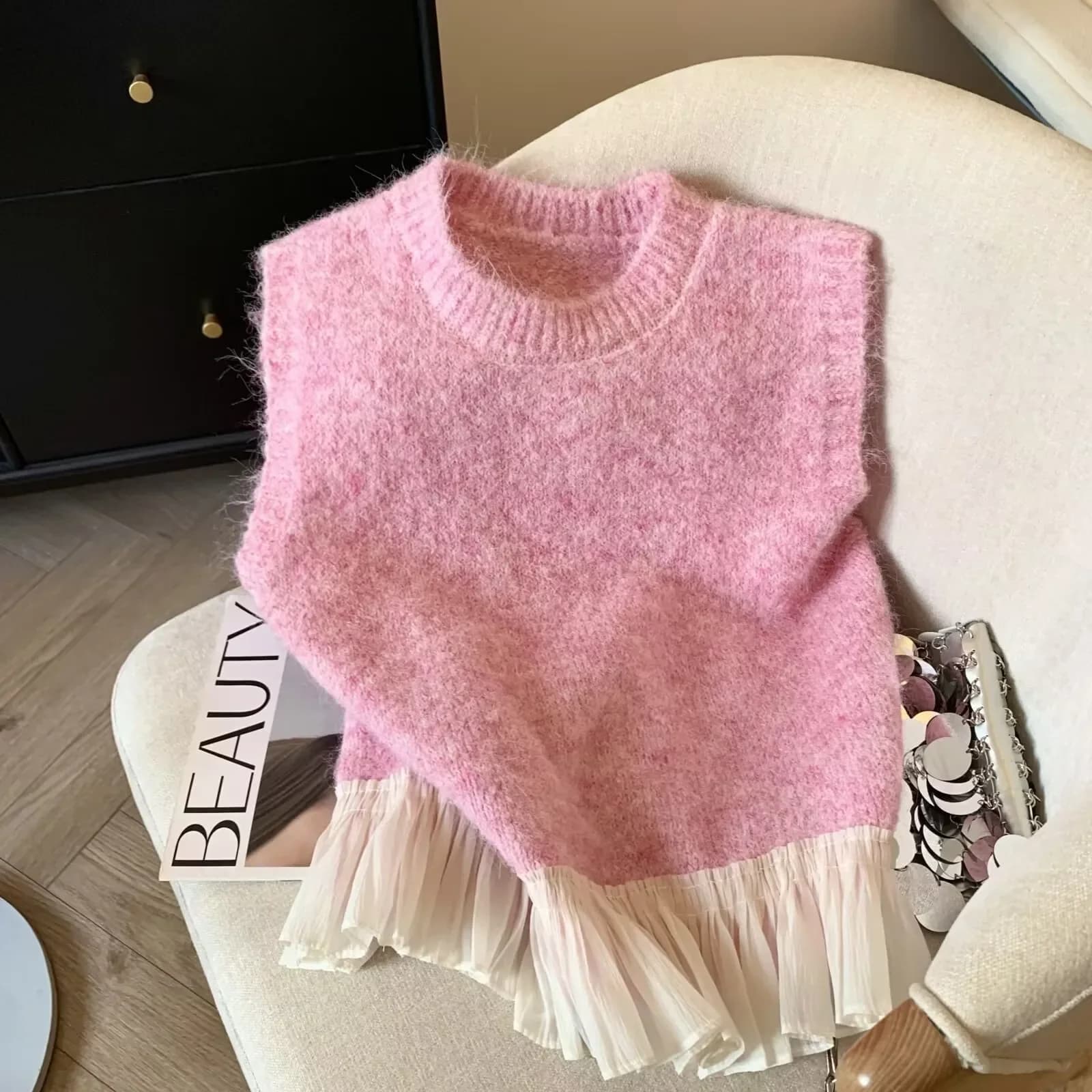 Gilet sans manches vintage pour femme, style coréen, pull tricoté rose à volants et patchwork, colle