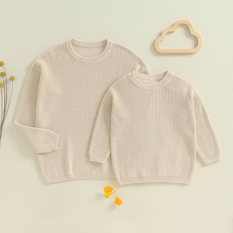 Pull assorti maman et moi, couleur unie, côtelé, manches longues, col rond, hauts en tricot épais, m