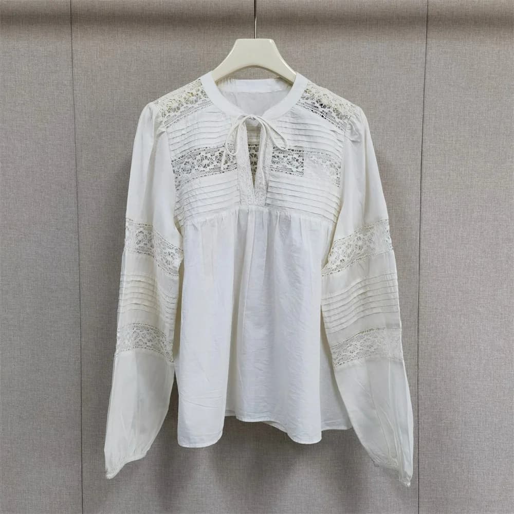 Chemisier plissé ajouré en crochet pour femme, col rond à nouer, en coton, manches longues bouffante
