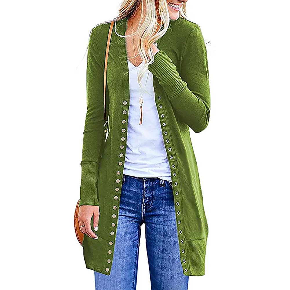 Cardigan en tricot mi-long style européen et américain, avec boutons latéraux décoratifs, coupe ampl