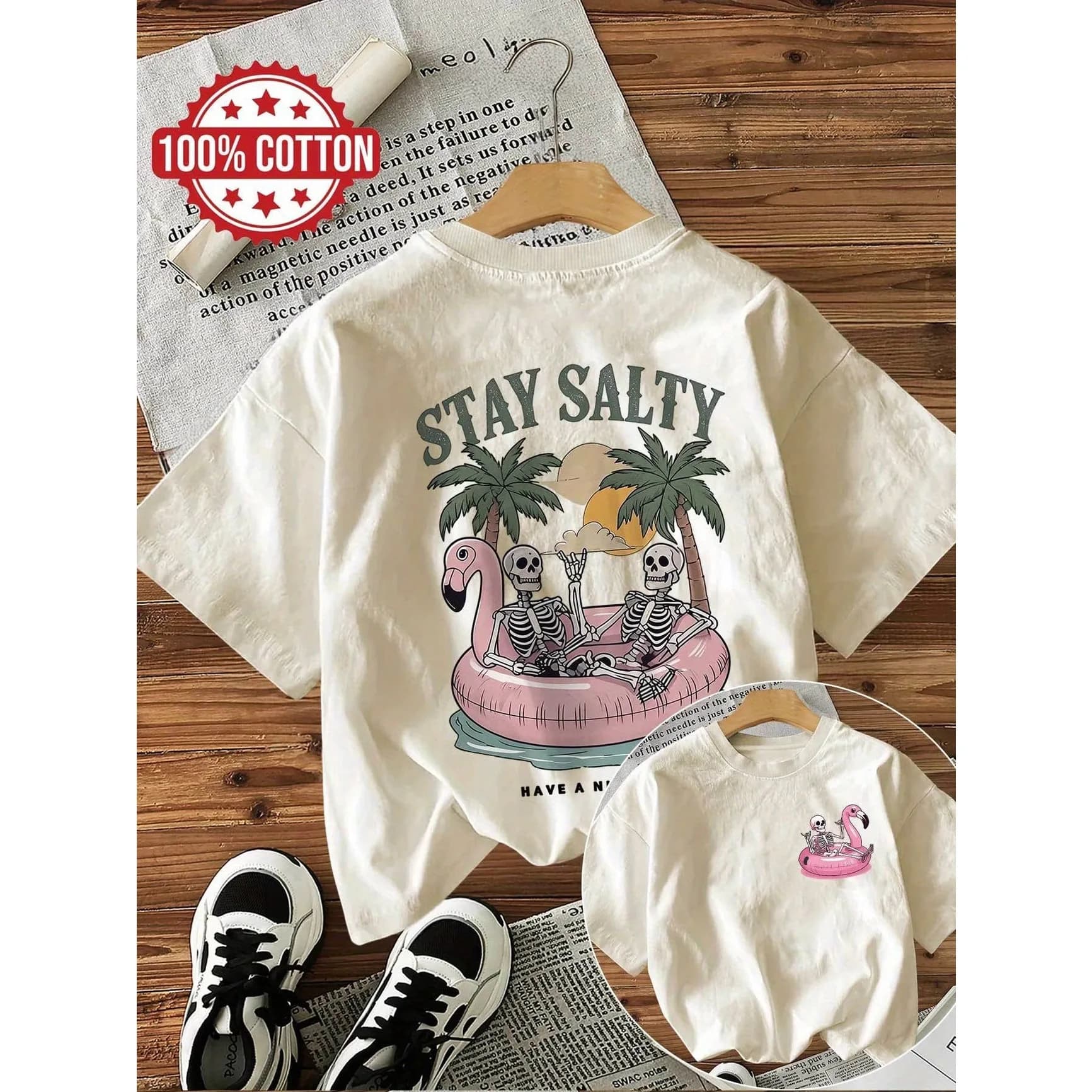 T-shirt pour femme Graphic Stay Salty Skull Beach 100% coton, imprimé rétro, col rond, manches court