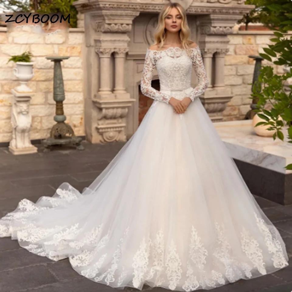 Robes de mariée vintage sexy à col bateau, manches longues, en dentelle, longueur au sol, avec ceint