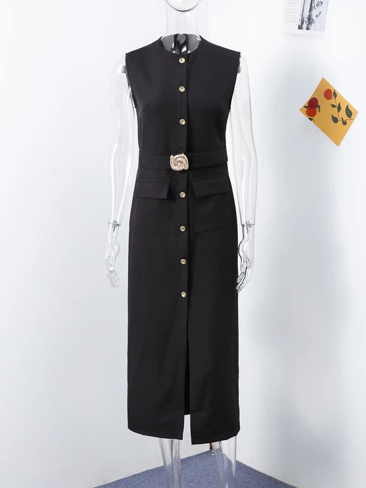 Bouton doré avec ceinture robe simple boutonnage sans manches col rond coupe ajustée taille cintrée 
