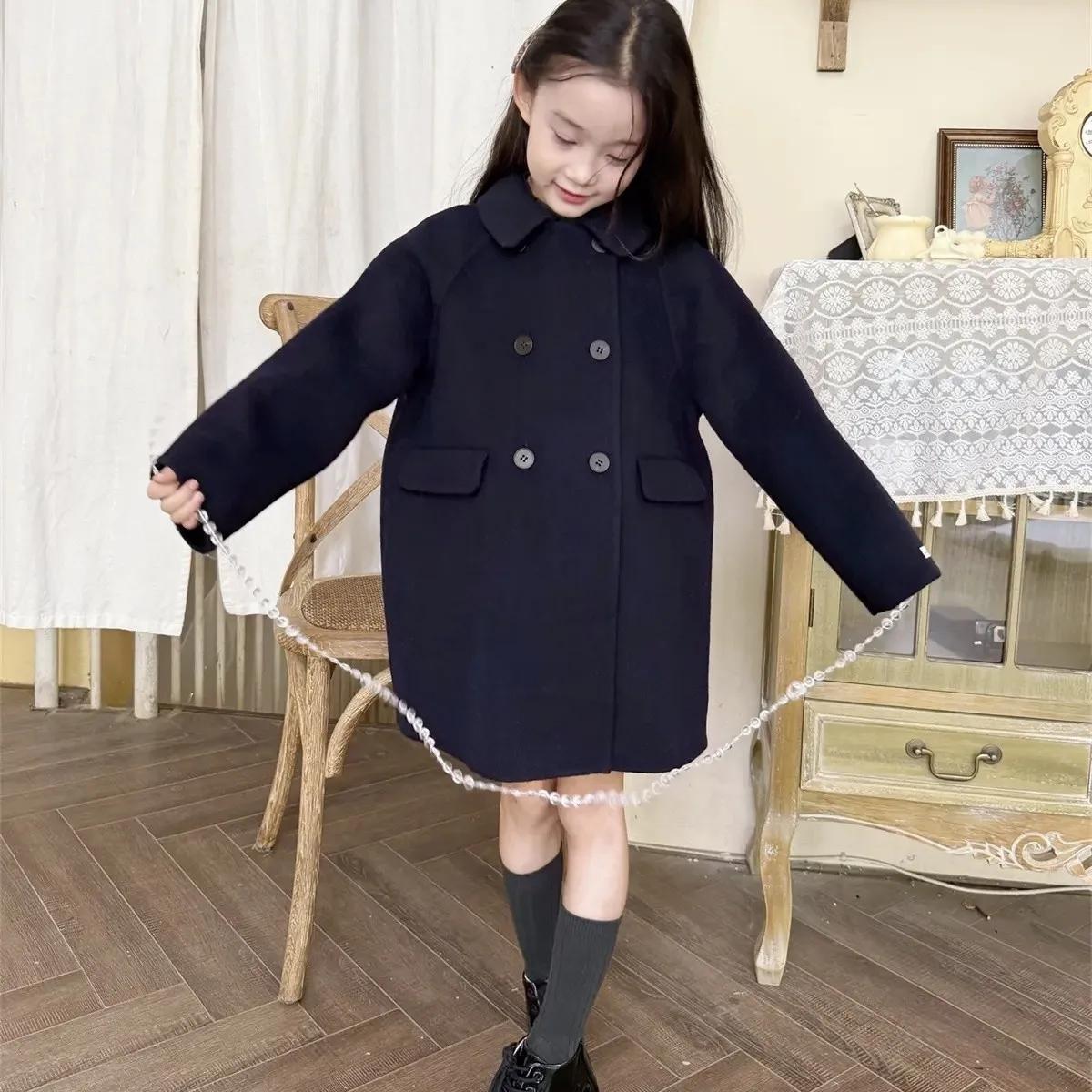 Manteau en Laine Double Boutonnage pour Filles, Nouvelle Mode, Col Claudine, Double Face, Veste Mi-L