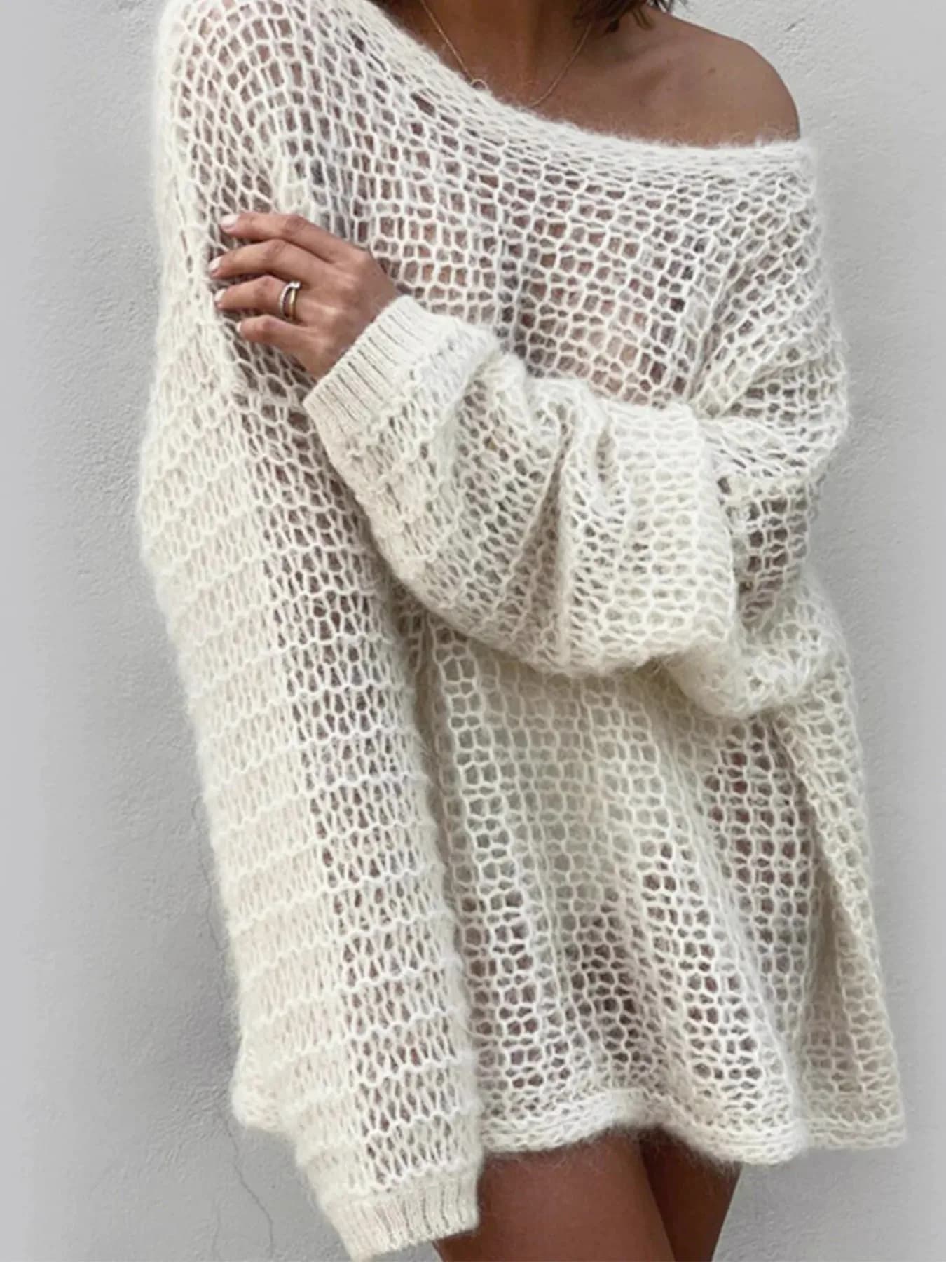Pull ample en maille filet crème pour femme, style bohème décontracté, épaules dénudées