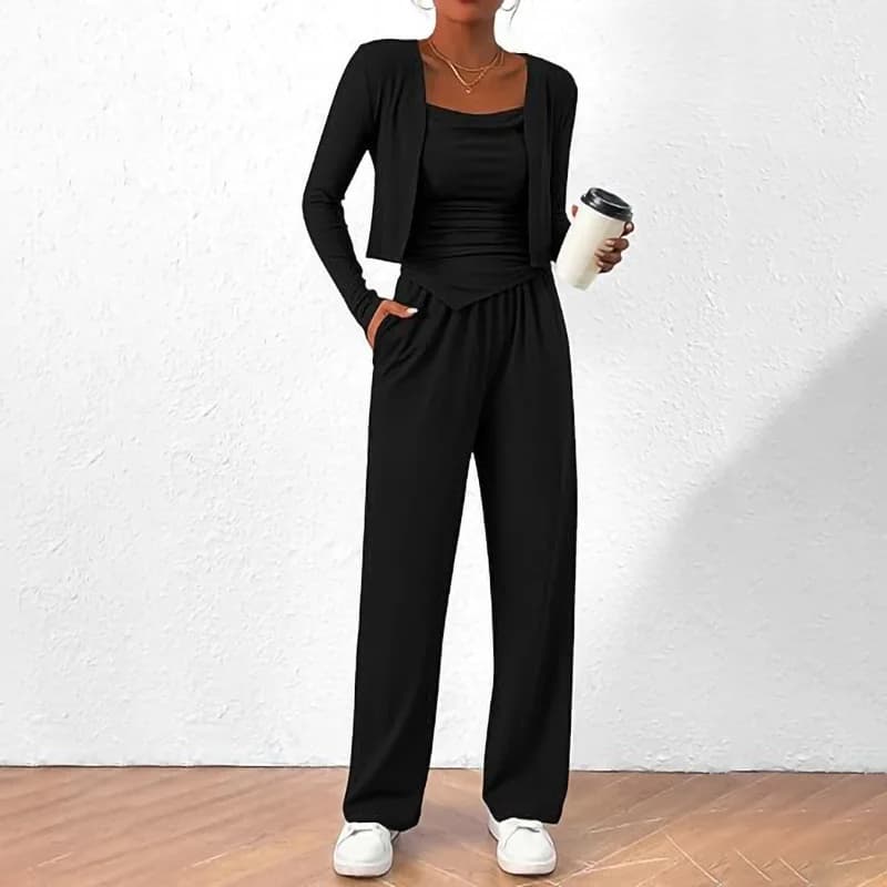 Ensemble trois pièces Cardigan pour femme, gilet décontracté avec pantalon à jambes larges, pour les