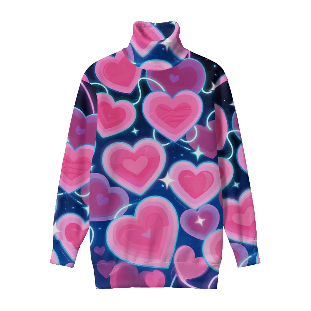 Sweat-shirt cœurs dégradés roses avec points étoiles, contours bleus, col haut, haut imprimé romanti