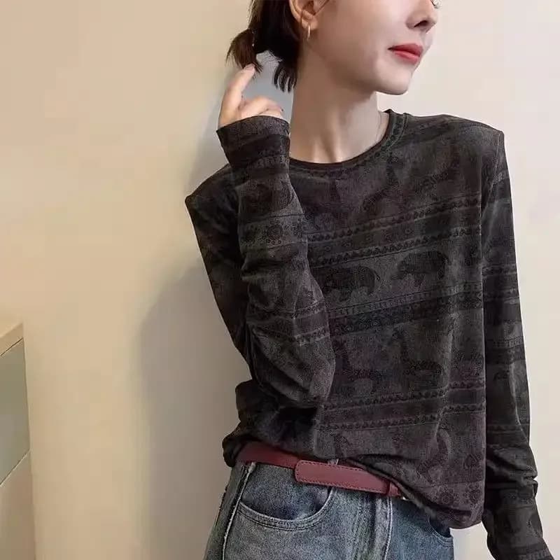 T-shirt à manches longues et col rond pour femme, nouvelle mode d'automne, chemise à bascule imprimé
