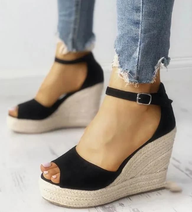 01 Espadrilles femmes compensées Peep Toe sandales plate-forme bride à la cheville chaussures à talo