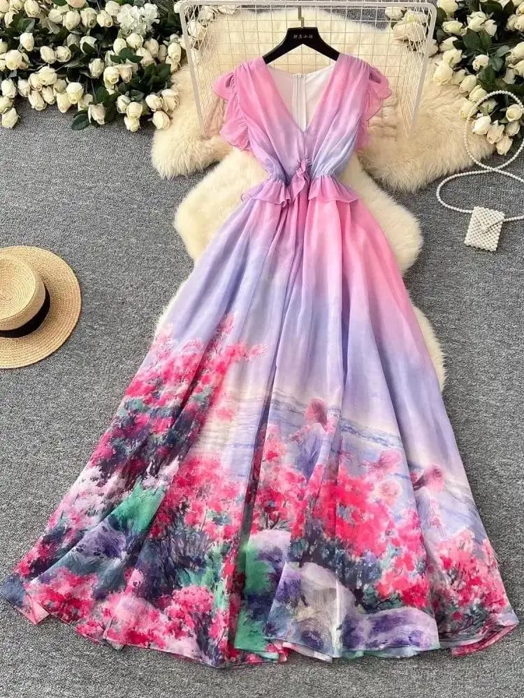 Femmes sans manches col en V volants volants plage Boho en mousseline de soie longues robes fée bohè