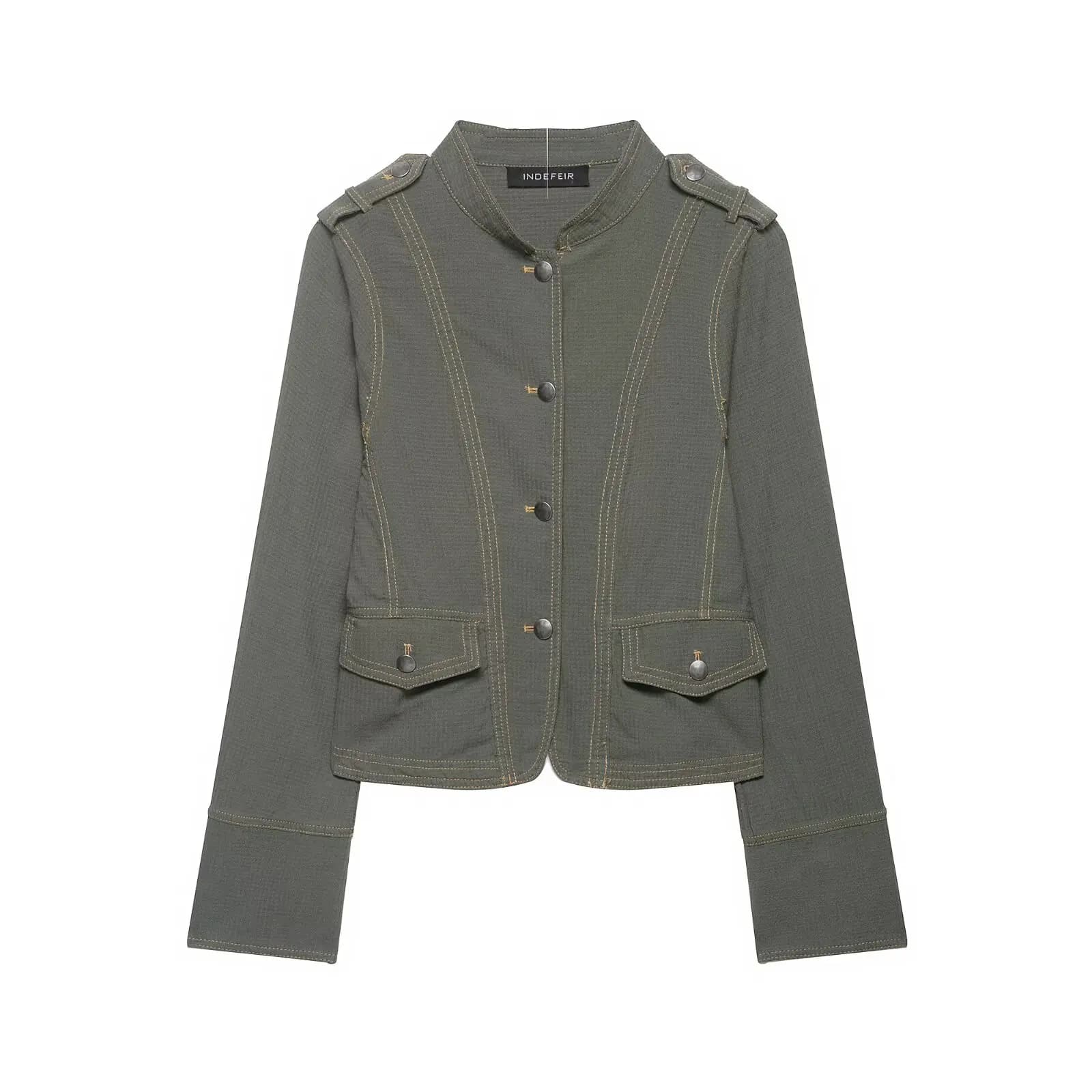 Veste utilitaire courte HH Vintage vert armée pour femme - Col montant, détails cousus, style cargo 