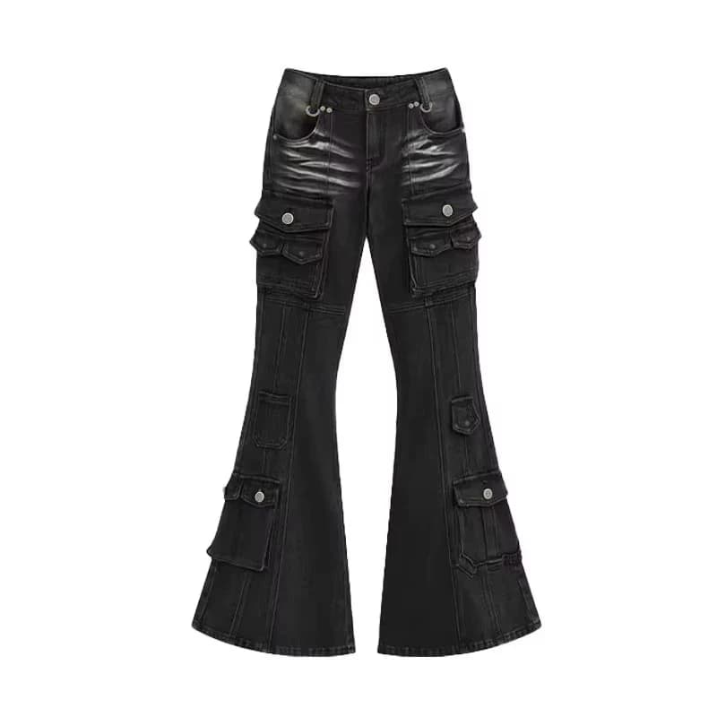 REDDACHiC – jean cargo noir taille basse pour femme, style années 2000, effet usé, multi-poches, cou