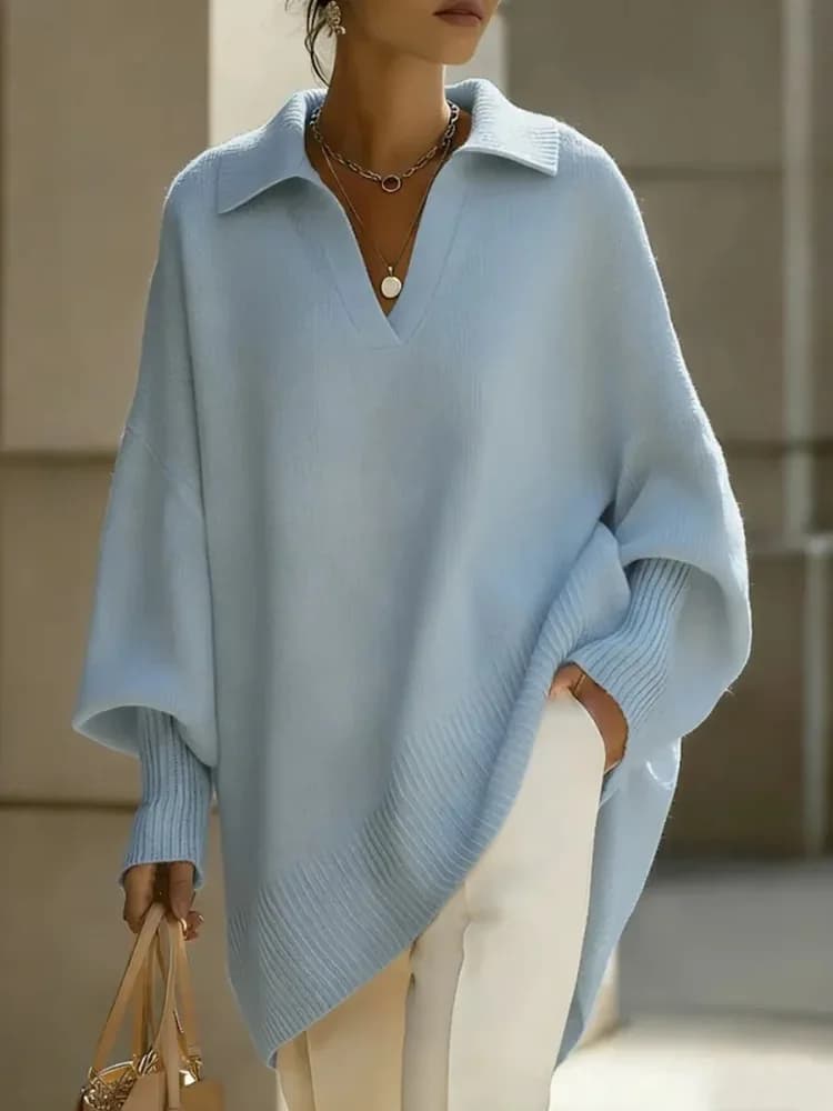 Pull-over en maille ample à col polo pour femme, style décontracté avec design épaules, vêtement d'e