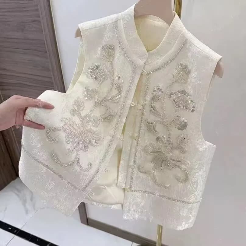 Gilet de luxe brodé de fleurs pour femme, collection Printemps-Été 2025, veste sans manches courte s