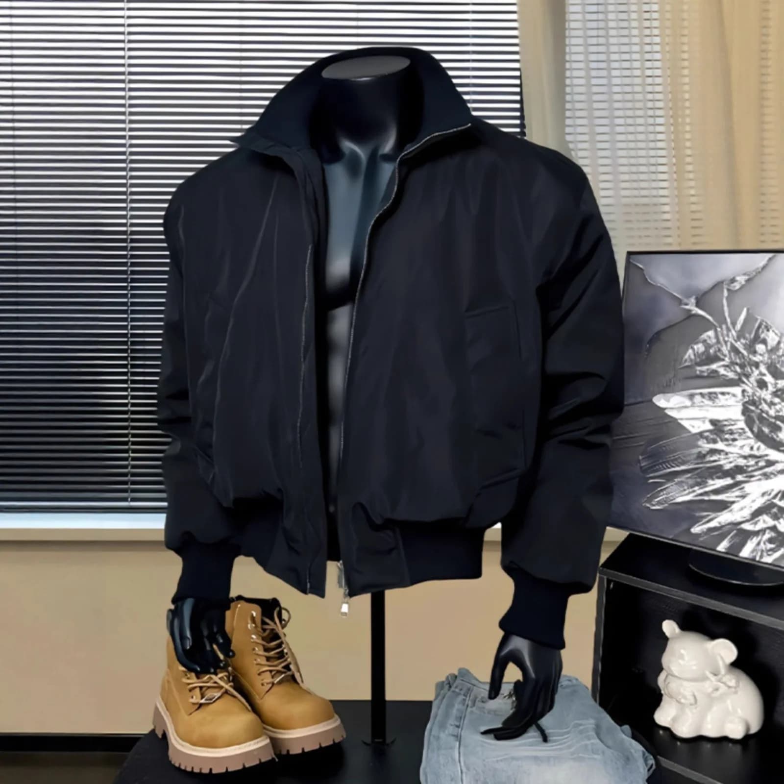 Blouson de pilote MA1 bleu marine pour homme, col montant, coupe ajustée, épaulettes courtes, veste 