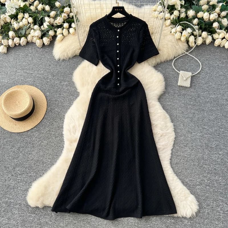 Robe Longue Tricotée Élégante à Motifs Creux pour Femme, Collection Été 2026, Manches Courtes, Col R