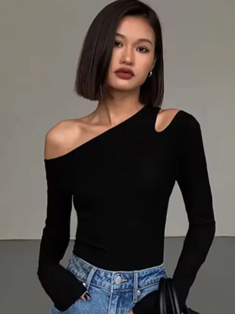 Mode col incliné épaules dénudées à manches longues T-shirts femmes printemps nouveau solide coupe a