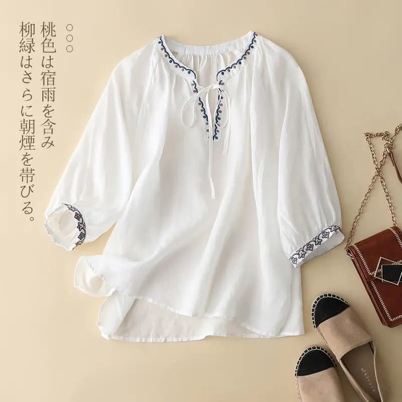 Broderie trois quarts manches col en v pull ample femmes Blouse chemise décontracté coton lin Femal 