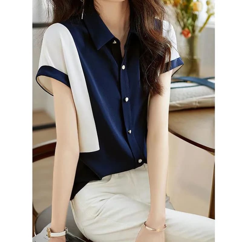 Chemisier en mousseline de soie à manches courtes pour femmes, col polo, nouveaux abonnés patchwork,