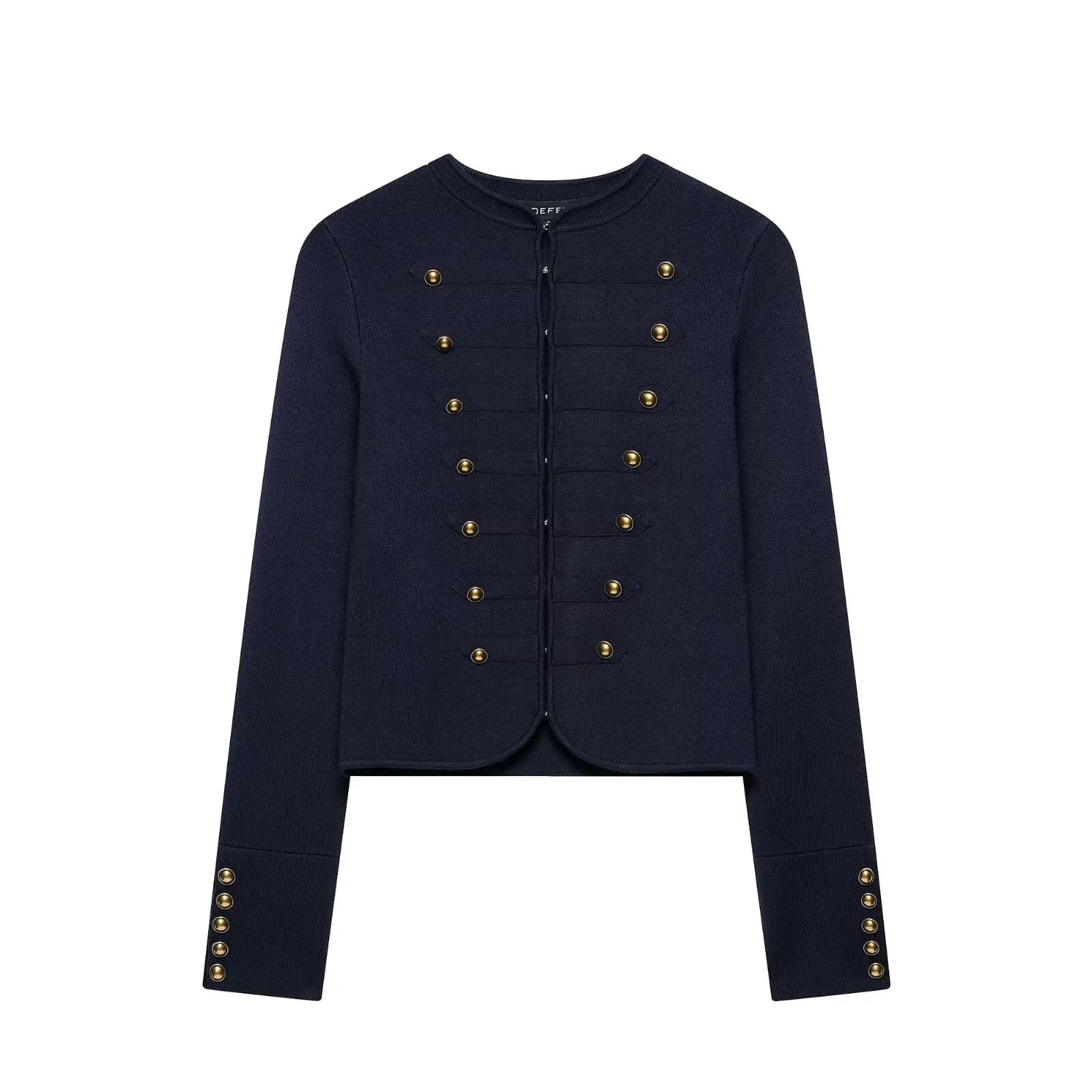 HH Cardigan court élégant pour femme en maille militaire avec boutons dorés, pour le printemps et l'