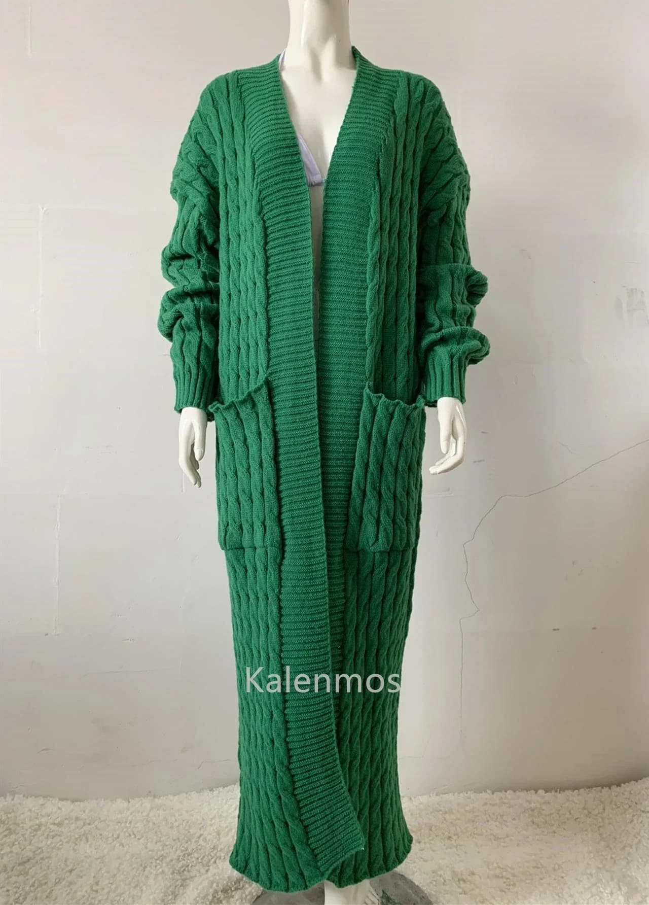 Cardigan Long pour femme, veste tricotée, vert, Crochet, ample, manches longues, pull chaud, décontr