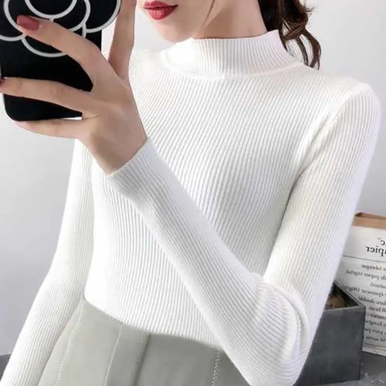 Automne hiver col montant femmes pull Vintage basique solide tricoté hauts décontracté mince pull co