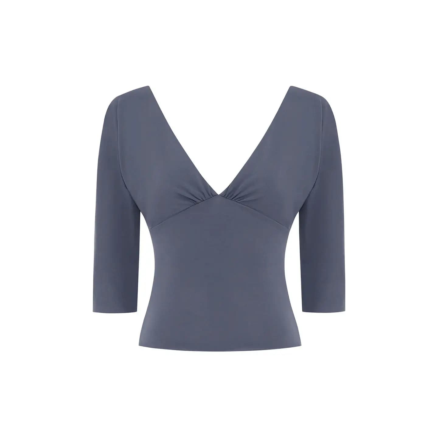 Haut court ajusté avec col plissé et manches 3/4, bleu-mauve, col en V profond, de la collection Jea