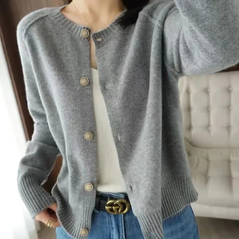 Cardigan en cachemire à col rond pour femme, pull 100% laine mérinos, Style basique, tricot boutonné