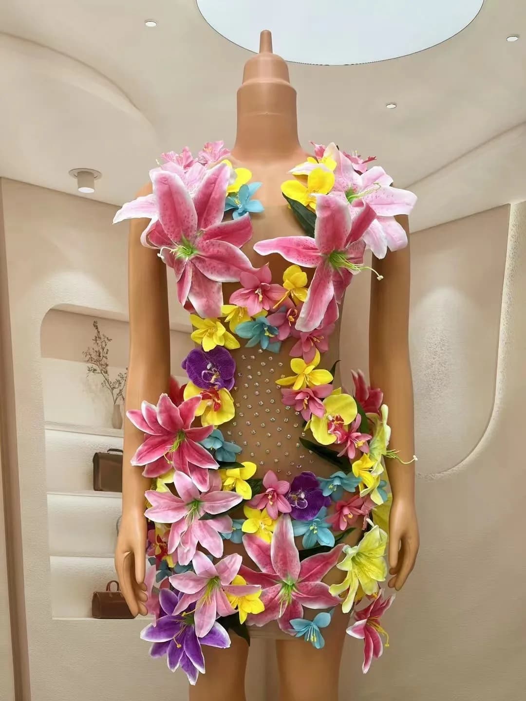 Robe en maille transparente ornée de fleurs et de cristaux pour femme, idéale pour les soirées, les 