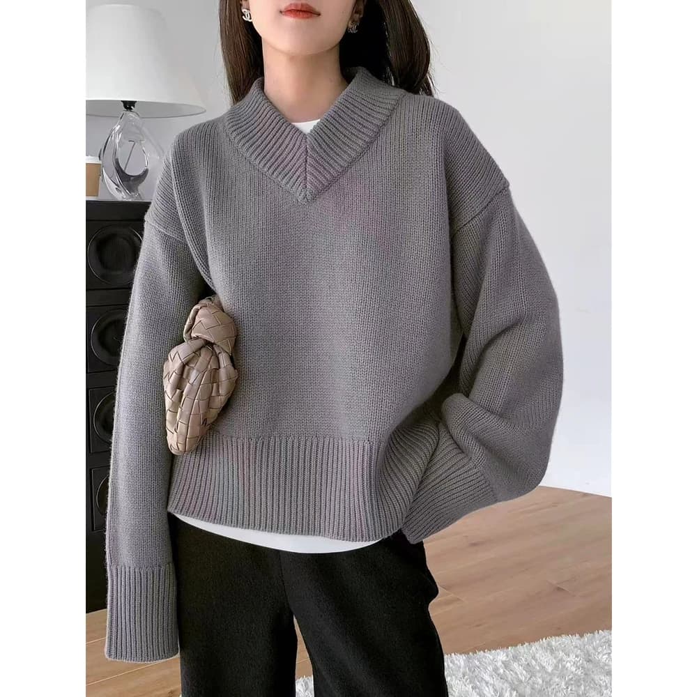 Pull tricoté 100% laine à col en v pour femmes, haut pull ample et épais