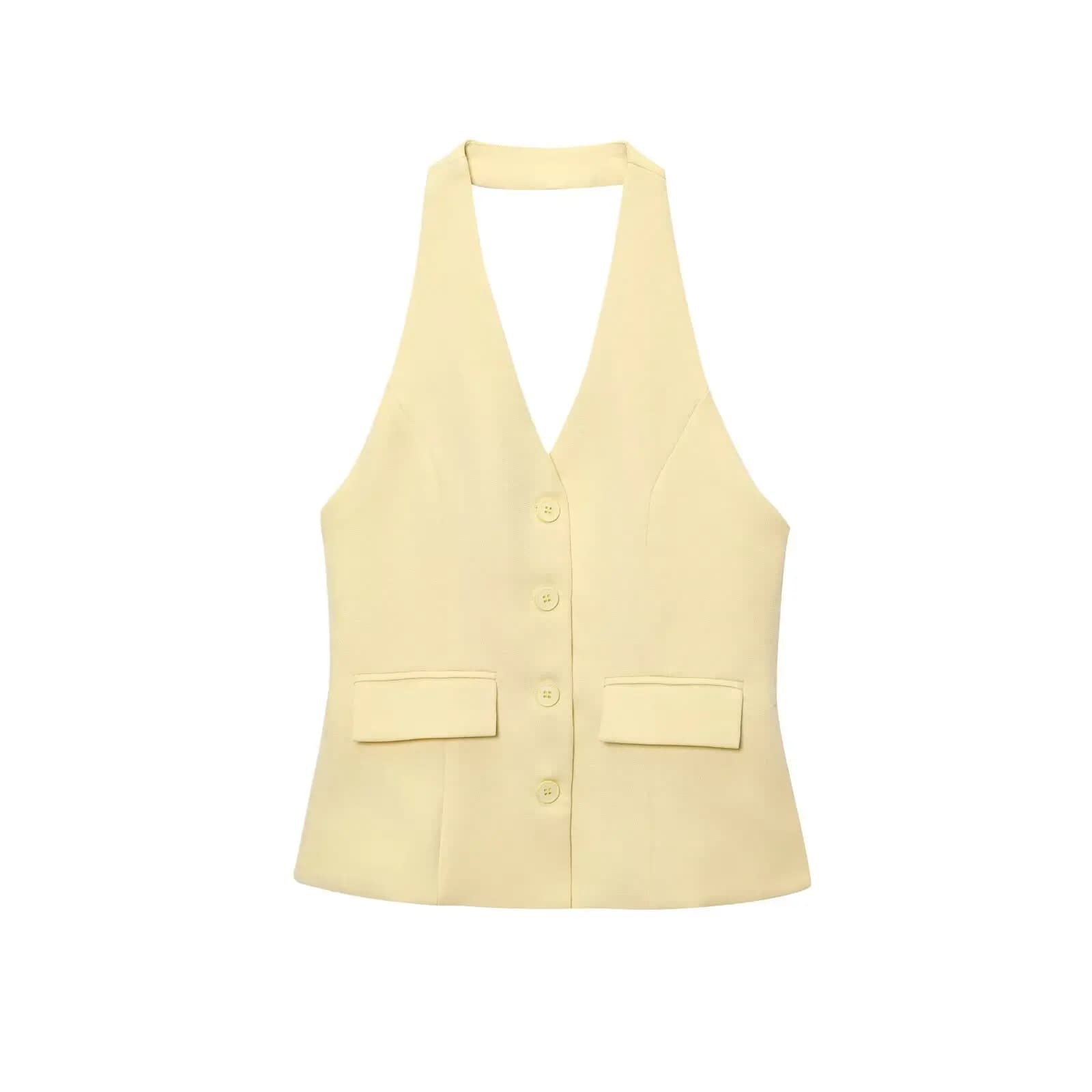 HH pantalons ensembles pour femmes mode jaune dos nu bouton licou gilet court haut pantalon droit él