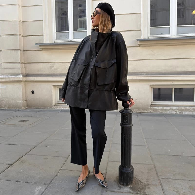 Veste en similicuir à col montant pour femme, avec double poche, ourlet ajustable à cordon, épaules 