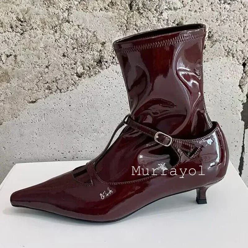 Bout pointu ceinture boucle conception bottes courtes femmes en cuir verni mince talons hauts chevil